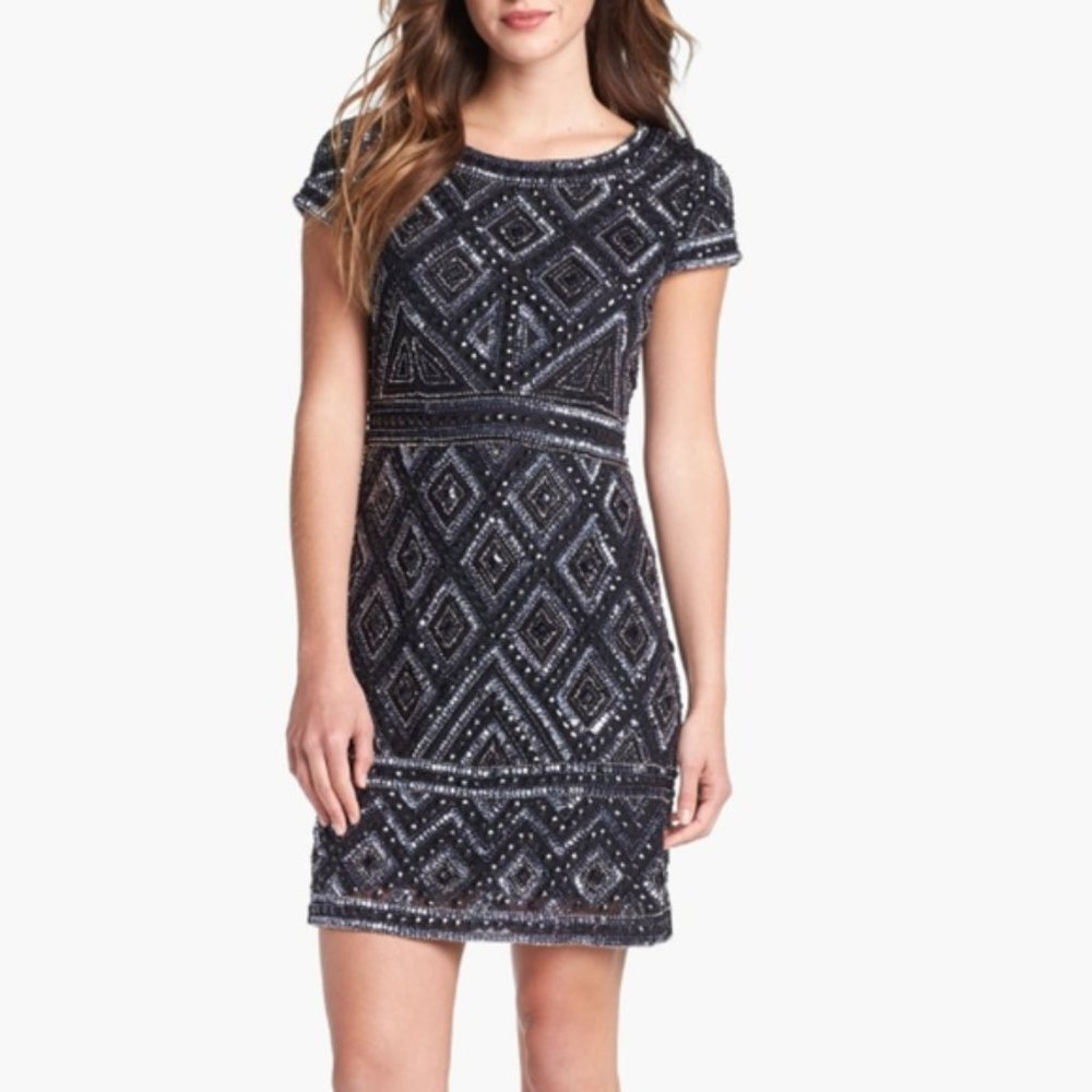 ADRIANNA PAPELL Beaded Sequin Cocktail Dress 10P